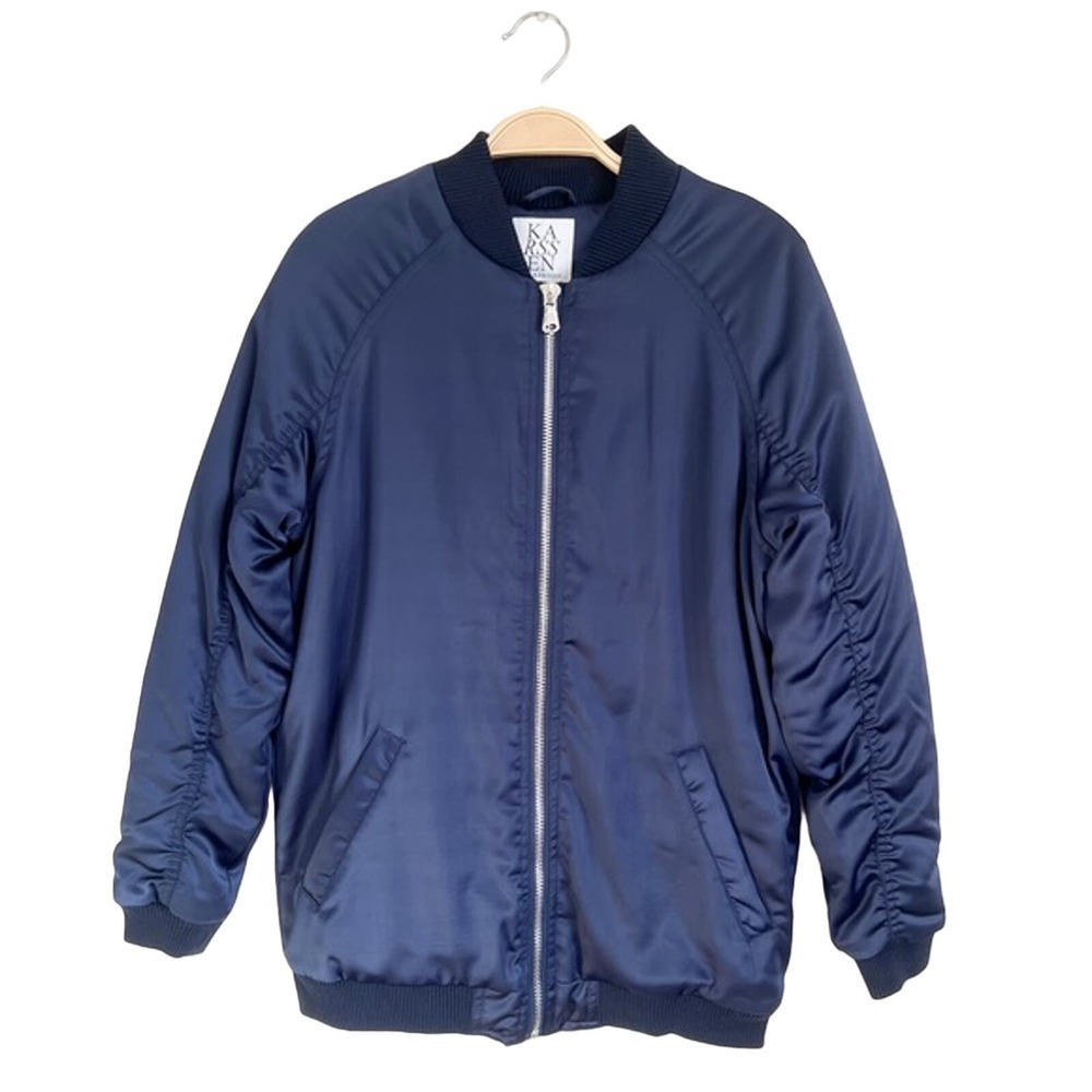 Zoe Karssen Navy Long Satin Bomber Jacket Big in Japan Size XS NWT $325 - Picture 5 of 14